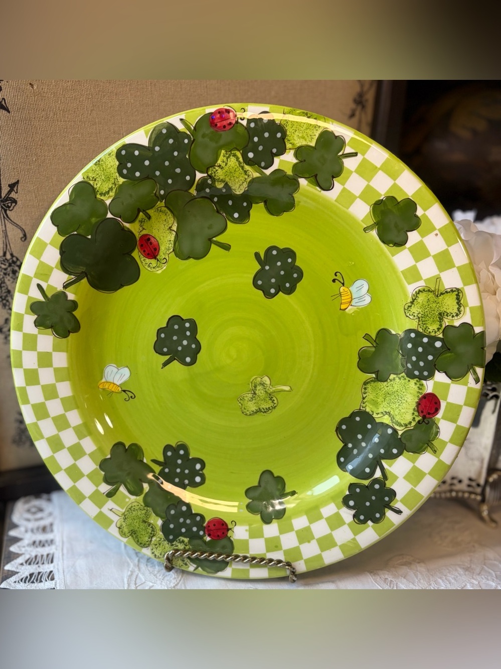 Vintage Laurie Gates green checkerboard ladybugs clover large plate